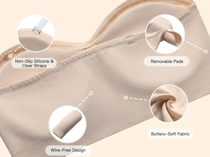 Strapless Bras for Women Non-Slip Silicone Padded Bandeau Bra Wireless Tube Top Bra