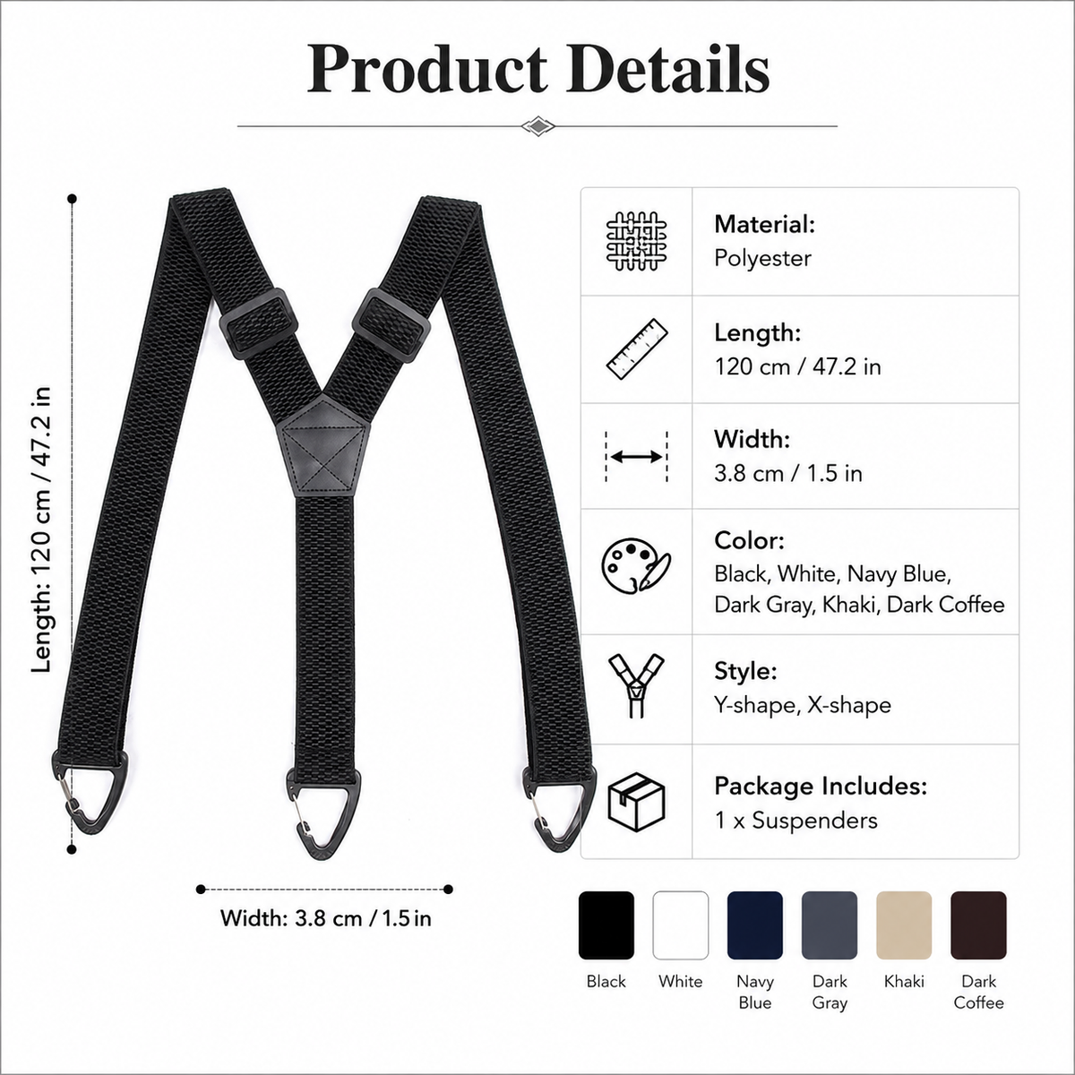 💪 Heavy-Duty Men’s Suspenders with Hook Clips – Adjustable X/Y-Back Work Suspenders