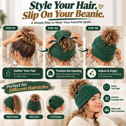 Messy Bun Beanie – Stretchy Ribbed Knit Hat with Hidden Ponytail Opening for Curly Hair & Winter Style ✨