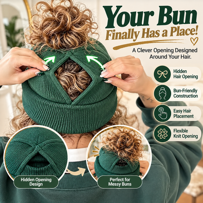 Messy Bun Beanie – Stretchy Ribbed Knit Hat with Hidden Ponytail Opening for Curly Hair & Winter Style ✨