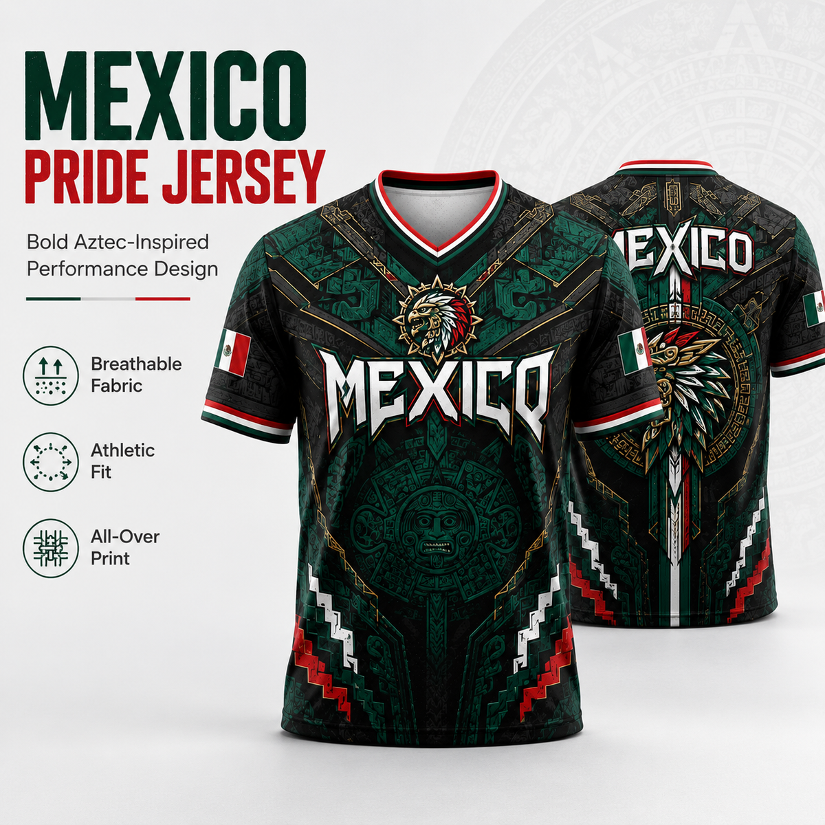 2026 New Mexico Eagle Warrior V-Neck Sports Jersey, Aztec Calendar Graphic Short Sleeve Shirt for Men, Green Black Soccer Fan Tee,summerwins