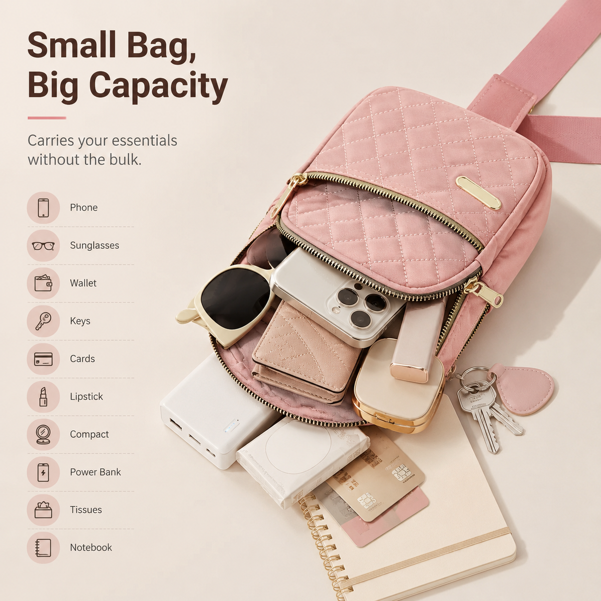 Women's Solid Color Quilted Waterproof Belt Bag