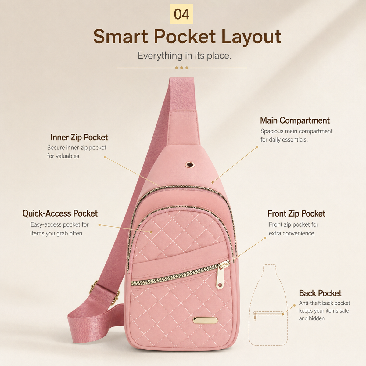 Women's Solid Color Quilted Waterproof Belt Bag