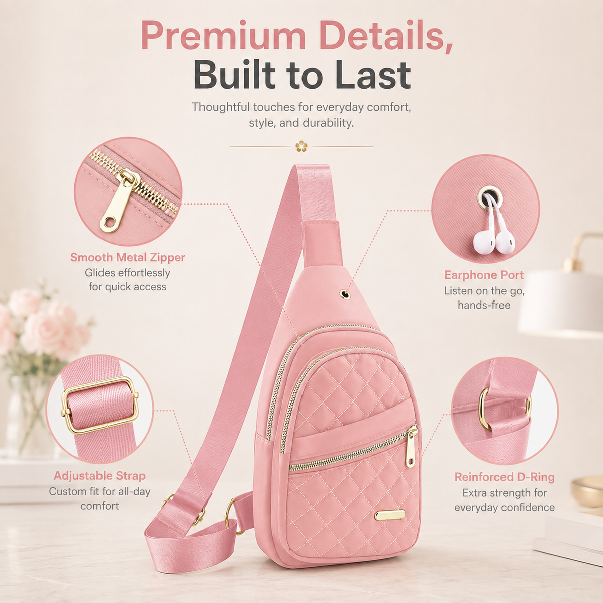 Women's Solid Color Quilted Waterproof Belt Bag