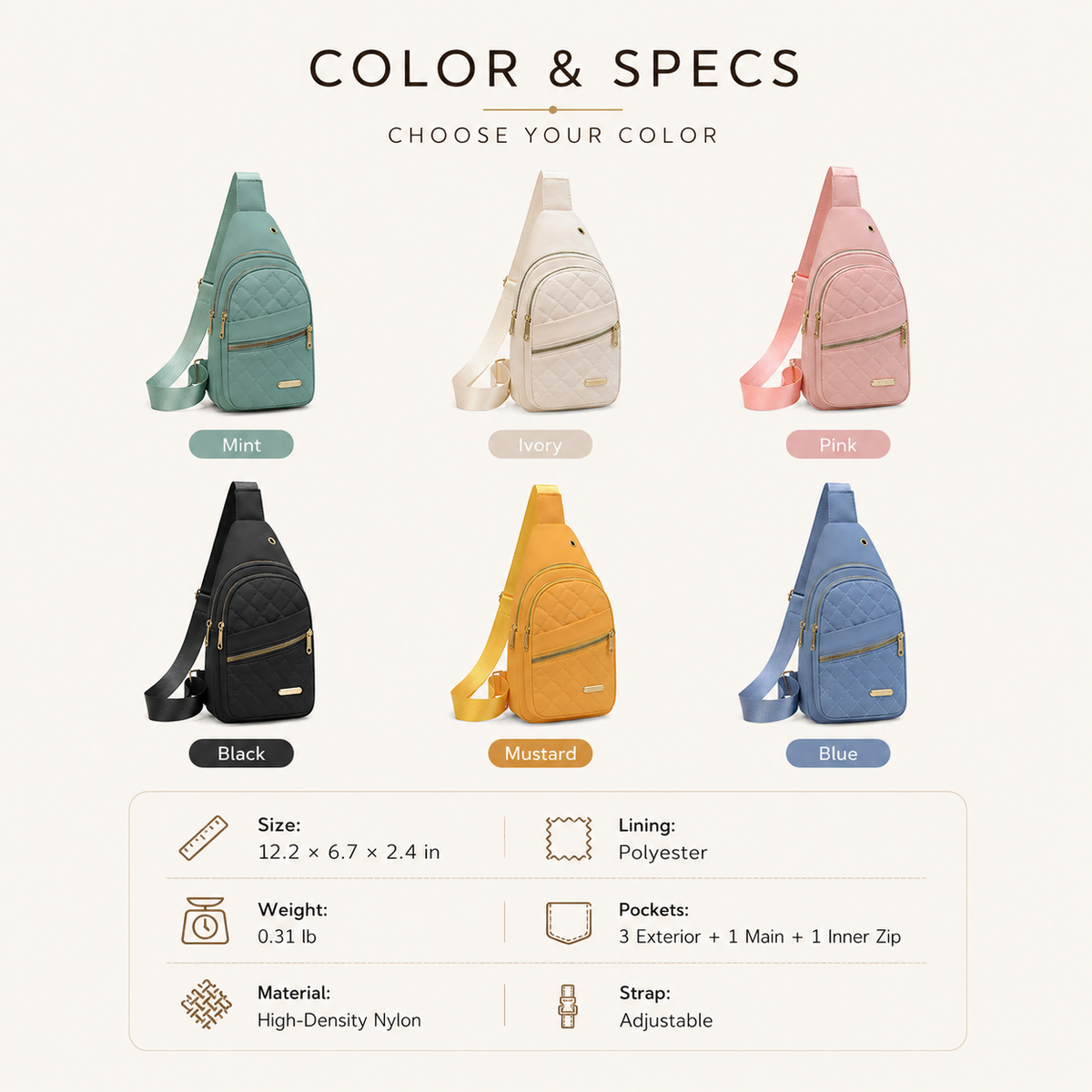 Women's Solid Color Quilted Waterproof Belt Bag
