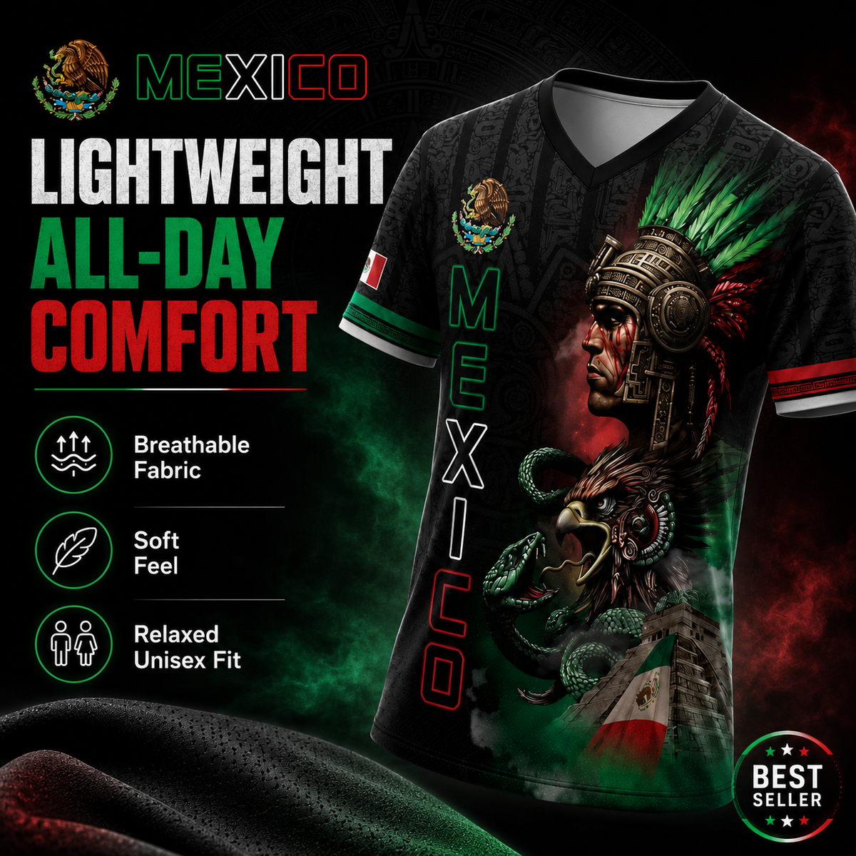 Unisex Mexico Aztec Warrior 3D All-Over Print Sports Top - Mexican Flag Eagle and Snake Graphic Tee, Cinco de Mayo Patriotic Gift, Guys Gifts, Mexico Shirts Women