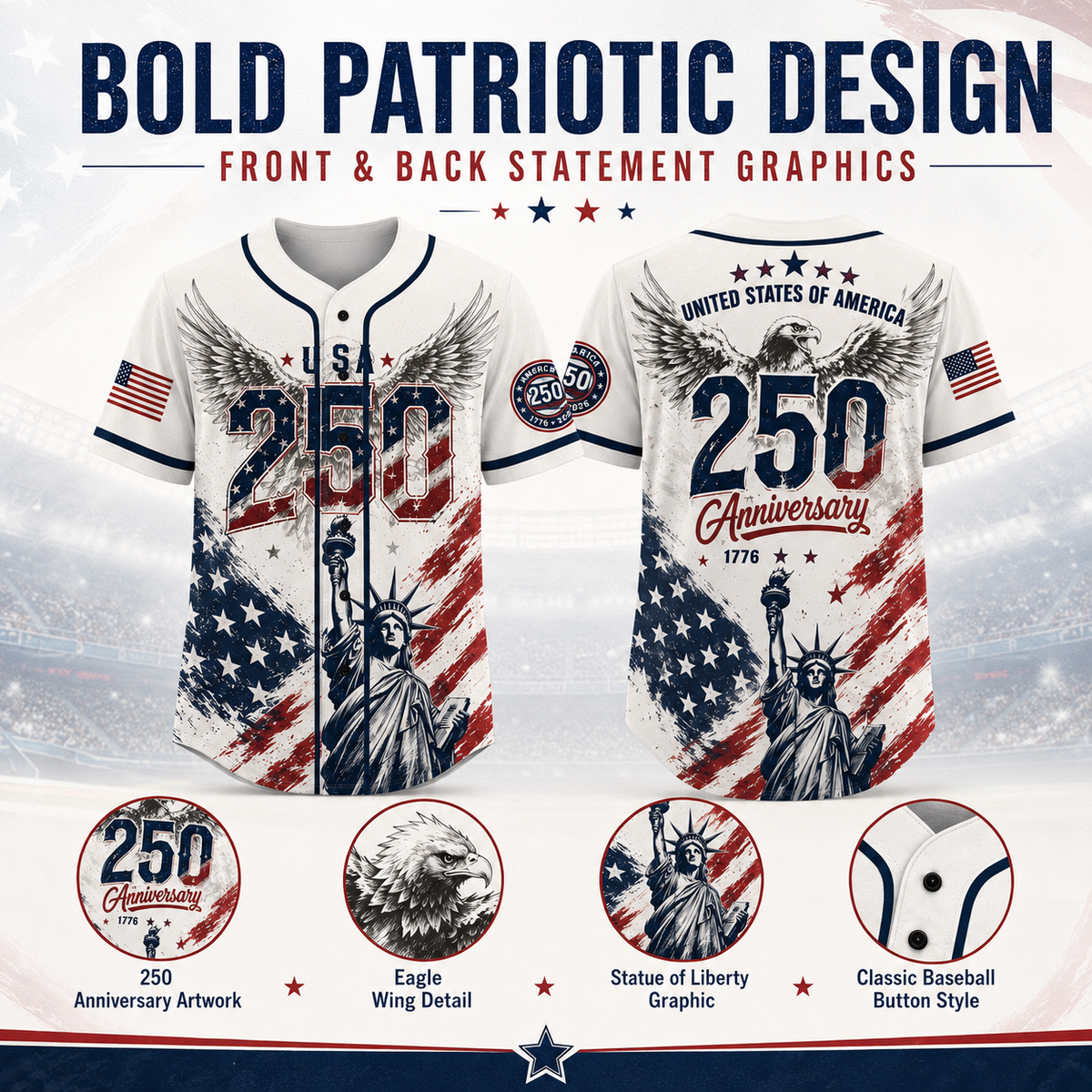 USA 250 Years Anniversary Baseball Jersey Shirt, Patriotic Liberty 1776-2026 4th of July Shirt 685168