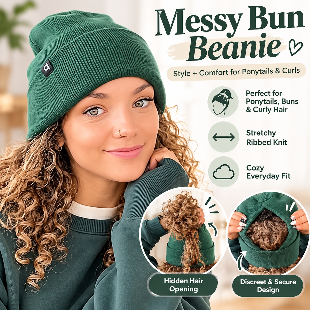 Messy Bun Beanie – Stretchy Ribbed Knit Hat with Hidden Ponytail Opening for Curly Hair & Winter Style ✨