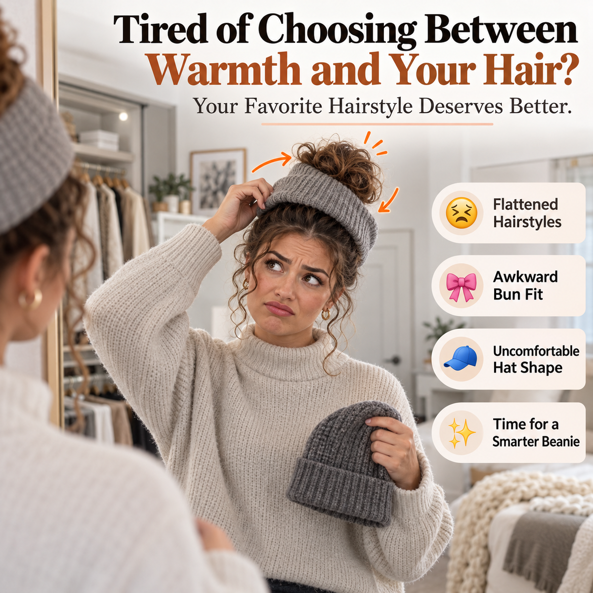 Messy Bun Beanie – Stretchy Ribbed Knit Hat with Hidden Ponytail Opening for Curly Hair & Winter Style ✨