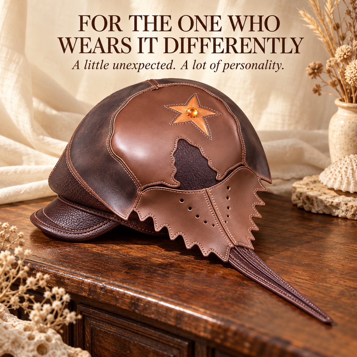Brown Horseshoe Crab Hat – Sculptural Statement Cap