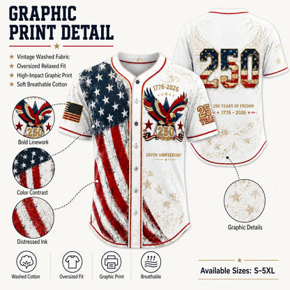 America 250th Anniversary Baseball Jersey – 1776-2026 USA Patriotic Button-Up Shirt | Vintage Stars & Stripes Freedom Jersey for 4th of July, Game Day & Everyday Wear